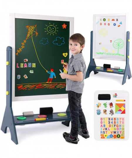 Kids 2-in-1 Wooden Art Easel Double-Sided Magnetic Adjustable Standing Easel Big Writing and Drawing Whiteboard & Chalkboard ...