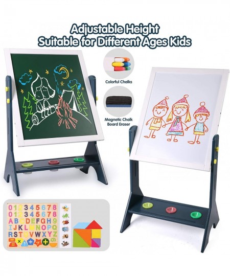 Kids 2-in-1 Wooden Art Easel Double-Sided Magnetic Adjustable Standing Easel Big Writing and Drawing Whiteboard & Chalkboard ...