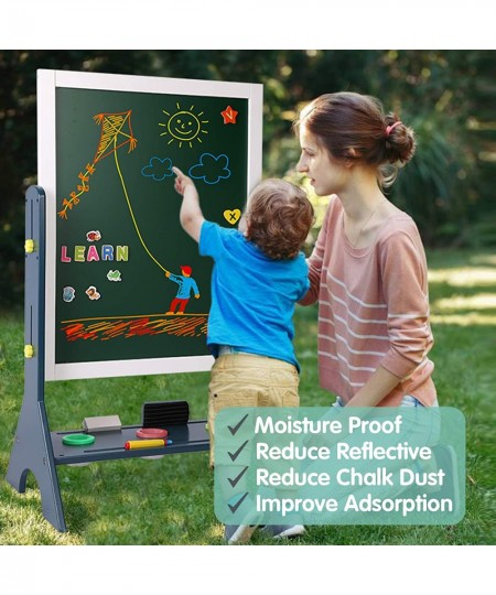 Kids 2-in-1 Wooden Art Easel Double-Sided Magnetic Adjustable Standing Easel Big Writing and Drawing Whiteboard & Chalkboard ...