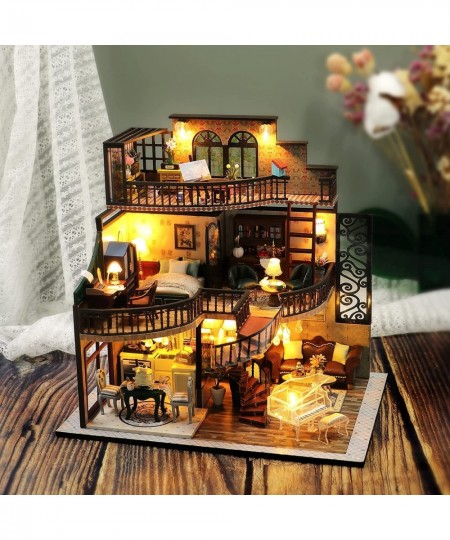 DIY Dollhouse Miniature Wooden Furniture Kit with Dust Cover and Music Box Doll House Kit with LED Light Mini Handmade Wooden...