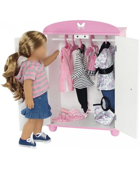 Doll Clothes 18 Inch Doll Furniture Closet Toy Gift for Kids Girls | Wardrobe Armoire Includes 5 Wooden 18" Doll Clothing Han...