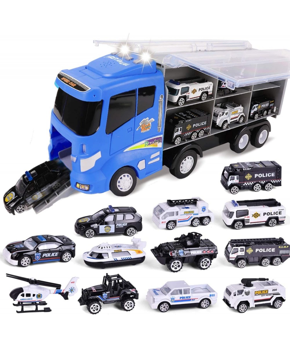 12 in 1 Die-cast Police Car with Lights and Sounds Transport Truck Car Carrier Toy with Mini Police Vehicles Gifts for Toddle...