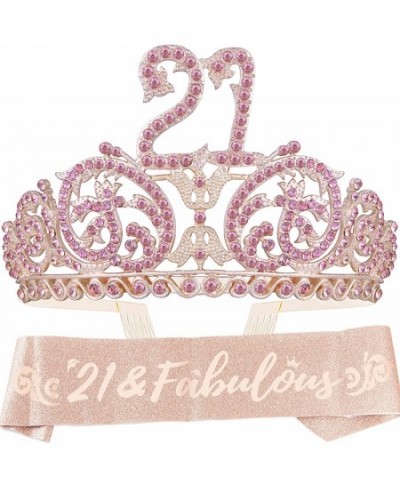 21st Birthday Sash and Tiara for Women - Fabulous Set: Glitter Sash + Forest Rhinestone Pink Premium Metal Tiara for Women 21...