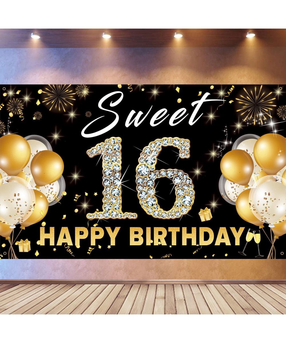 Sweet 16 Backdrop Birthday Decorations Sweet Sixteen Photo Booth Props Black Gold Happy 16th Birthday Party Decorations For G...