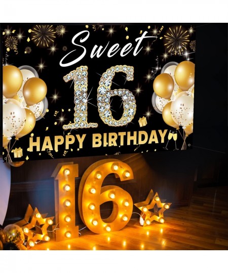 Sweet 16 Backdrop Birthday Decorations Sweet Sixteen Photo Booth Props Black Gold Happy 16th Birthday Party Decorations For G...