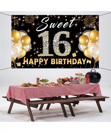 Sweet 16 Backdrop Birthday Decorations Sweet Sixteen Photo Booth Props Black Gold Happy 16th Birthday Party Decorations For G...