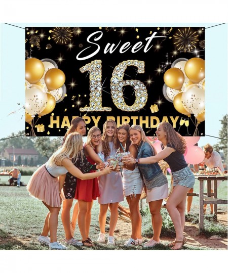 Sweet 16 Backdrop Birthday Decorations Sweet Sixteen Photo Booth Props Black Gold Happy 16th Birthday Party Decorations For G...