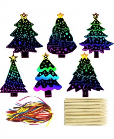 96Pcs Christmas Tree Scratch Paper Rainbow Color Scratch Ornaments Christmas Decorations Hanging Craft Art Kits with Wooden S...