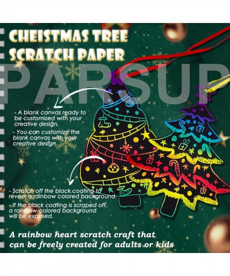 96Pcs Christmas Tree Scratch Paper Rainbow Color Scratch Ornaments Christmas Decorations Hanging Craft Art Kits with Wooden S...