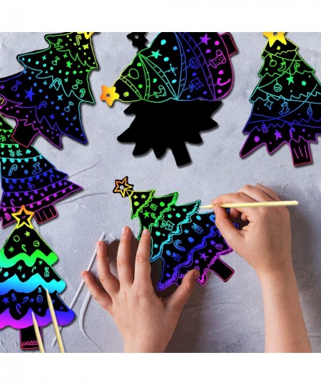 96Pcs Christmas Tree Scratch Paper Rainbow Color Scratch Ornaments Christmas Decorations Hanging Craft Art Kits with Wooden S...