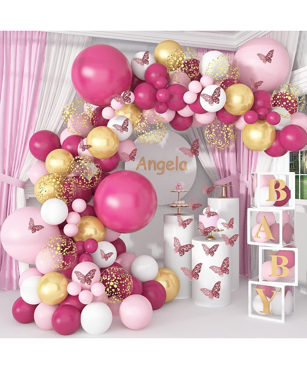 Pink Balloon Garland Arch Kit 140 Pcs Hot Pink Gold Balloon Arch Baby Shower Decorations for Girl Butterfly Stickers Gold Con...