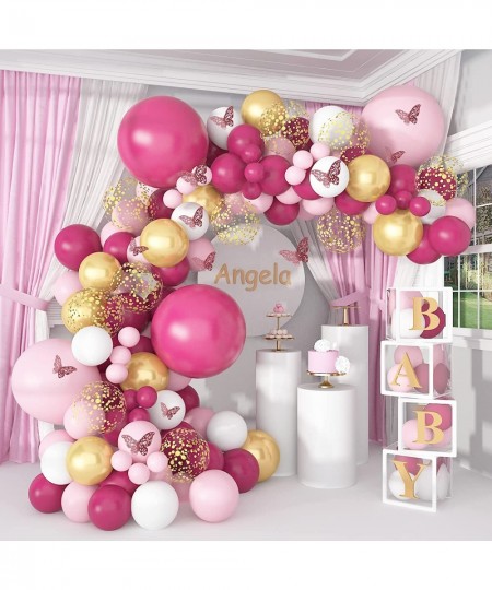 Pink Balloon Garland Arch Kit 140 Pcs Hot Pink Gold Balloon Arch Baby Shower Decorations for Girl Butterfly Stickers Gold Con...