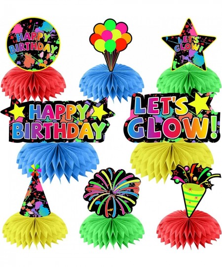 8 Pcs Glow Neon Birthday Party Decoration Honeycomb Centerpieces Colorful Let’s Glow Happy Birthday Table Toppers Party Suppl...