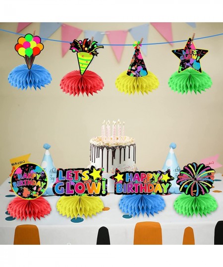 8 Pcs Glow Neon Birthday Party Decoration Honeycomb Centerpieces Colorful Let’s Glow Happy Birthday Table Toppers Party Suppl...