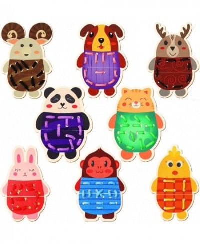 8 Pieces Wooden Lacing Animals Threading Toys Lacing and Tracing Cards Fine Motor Skill Toys for Boys and Girls School Activi...