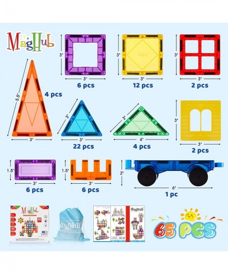 Magnetic Tiles 65 Piece Colorful Magnetic Blocks Set with car Unique Clear 3D Magnetic Building Blocks for 3+ Years Old Boys ...