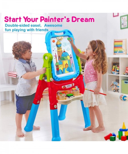 Kids Easel 4 in 1 Art Easel for Kids Double Sided Painting Easel Chalkboard & Magnetic Dry Erase Board Adjustable Height Todd...