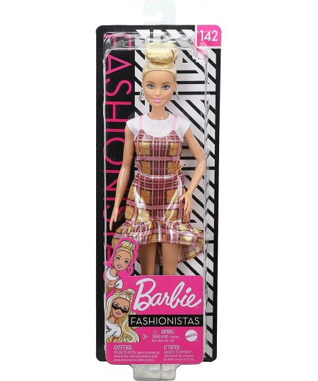 Fashionistas Doll 142 with Blonde Updo Hair Wearing Pink & Golden Plaid Dress White Sneakers & Earrings Toy for Kids 3 to 8 Y...