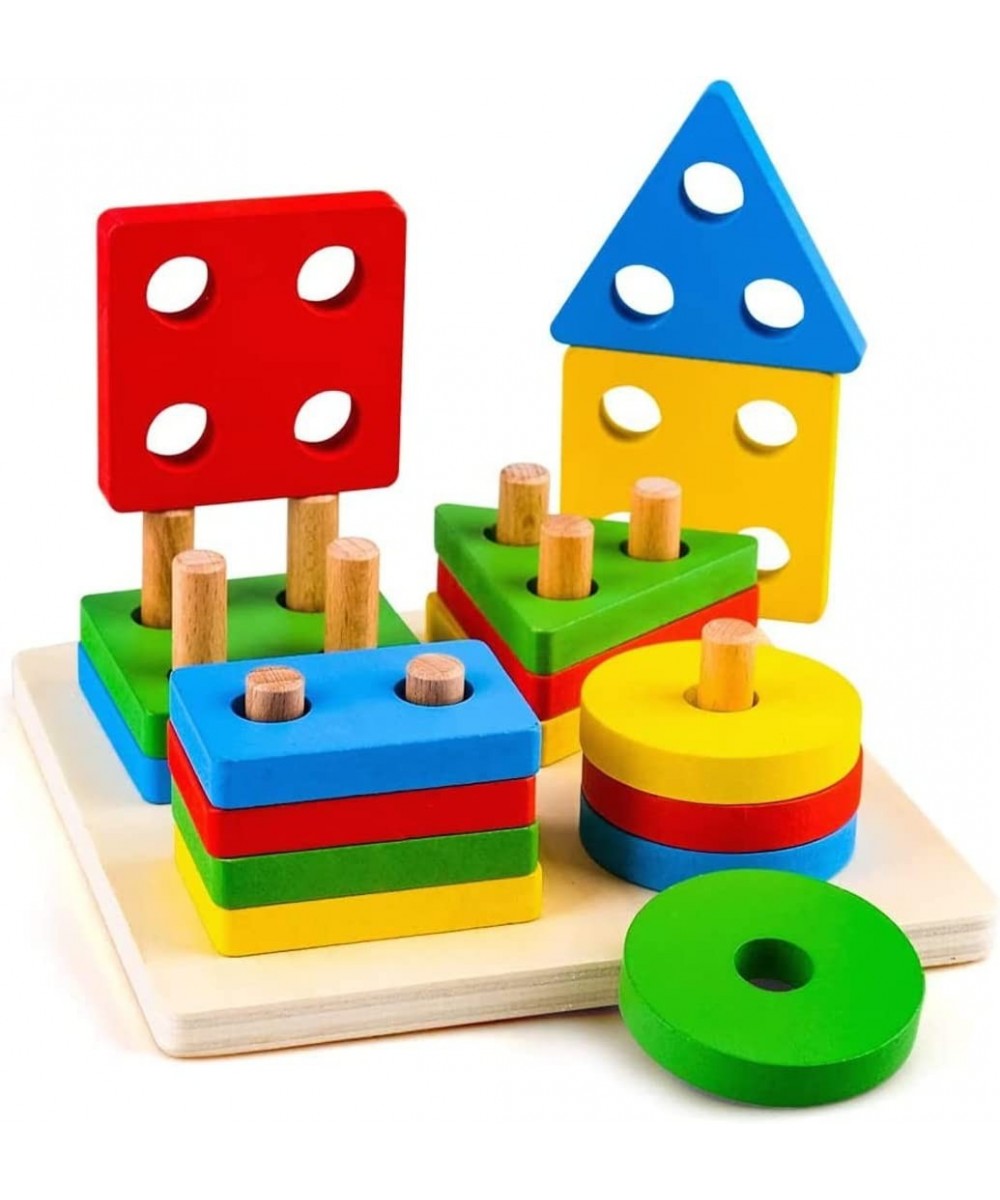 Montessori Toys for 1 to 3 Year Old Boys Girls Toddlers Wooden Shape Sorter & Stacking Toys Color Recognition Stacker Baby Pu...