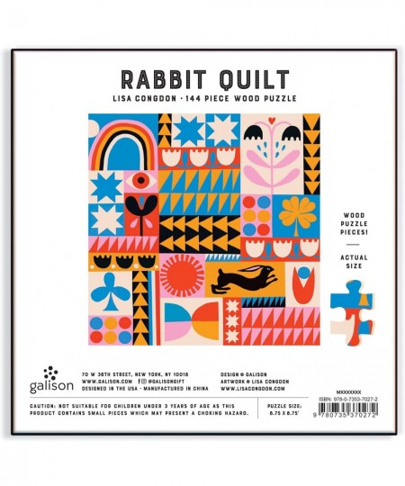 Lisa Congdon Rabbit Quilt Wood Puzzle 144 Pieces 8.75” x 8.75” – Unique Jigsaw Puzzle with Stunning Patchwork Artwork – Thick...