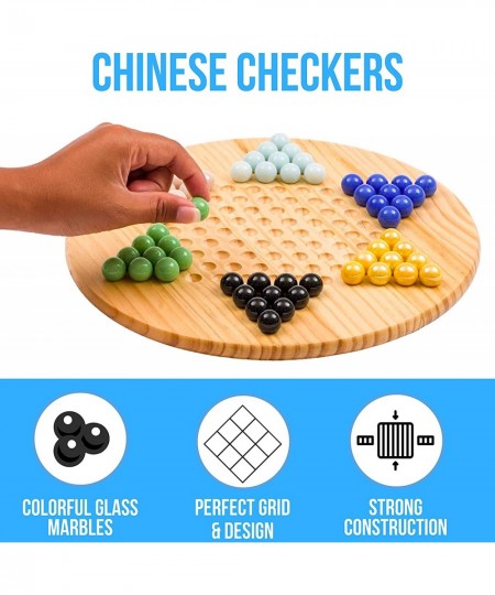 Chinese Checkers -11.5” Natural Wood Game Board with 60 Glass Marbles Assorted Fun Family-Friendly Board Game - Ideal for Up ...