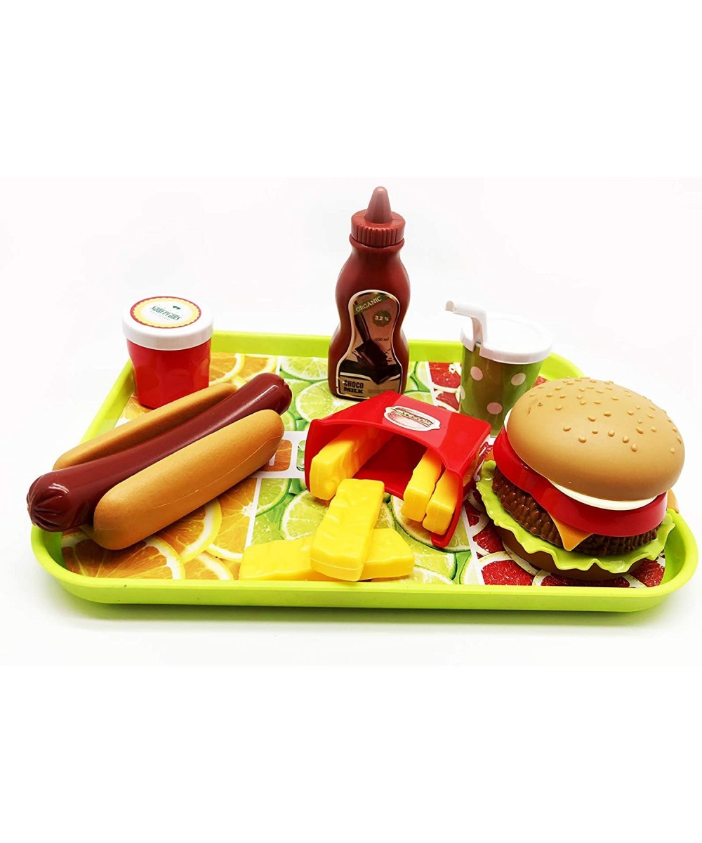 GIFTEXPRESS® Burger & Hot Dog Fast Food Cooking Play Set for Kids with Hamburger Fries Hot Dog Coke Ketchup Milk Sauces and T...