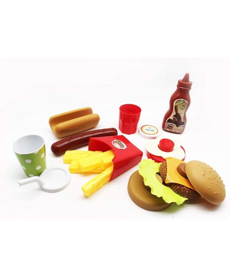 GIFTEXPRESS® Burger & Hot Dog Fast Food Cooking Play Set for Kids with Hamburger Fries Hot Dog Coke Ketchup Milk Sauces and T...