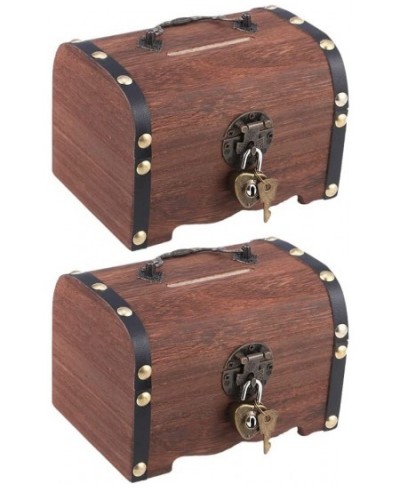 2pcs Wood Coin Bank Wooden Chest Coin Bank Vintage Treasure Box Piggy Bank Coin Saving Box Money Changes Container Holder wit...