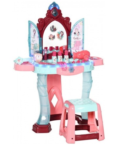 Kids Vanity Makeup Table Set with Chair and 31-Piece Collection Mirror Princess Vanity Table with Self-Opening Magic Mirror M...