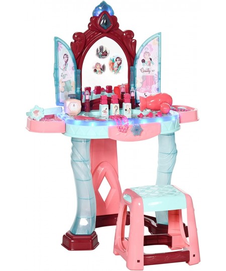 Kids Vanity Makeup Table Set with Chair and 31-Piece Collection Mirror Princess Vanity Table with Self-Opening Magic Mirror M...