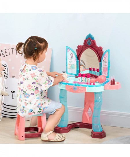 Kids Vanity Makeup Table Set with Chair and 31-Piece Collection Mirror Princess Vanity Table with Self-Opening Magic Mirror M...