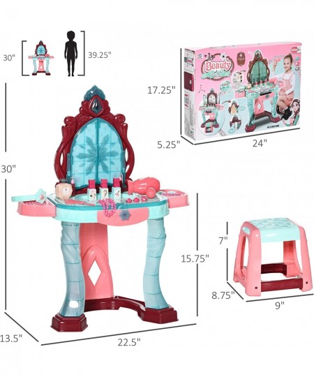 Kids Vanity Makeup Table Set with Chair and 31-Piece Collection Mirror Princess Vanity Table with Self-Opening Magic Mirror M...