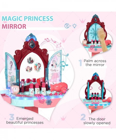 Kids Vanity Makeup Table Set with Chair and 31-Piece Collection Mirror Princess Vanity Table with Self-Opening Magic Mirror M...