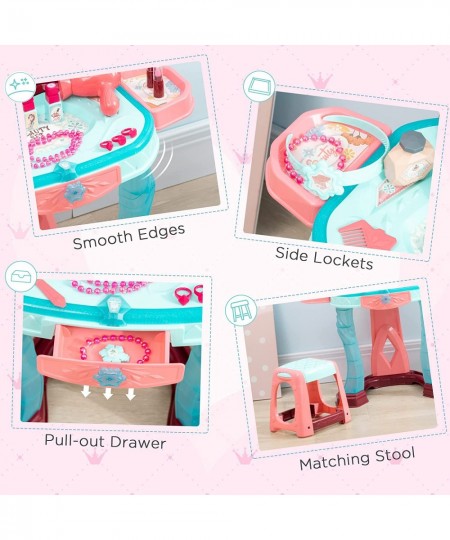 Kids Vanity Makeup Table Set with Chair and 31-Piece Collection Mirror Princess Vanity Table with Self-Opening Magic Mirror M...