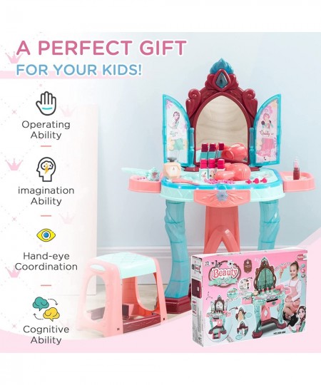 Kids Vanity Makeup Table Set with Chair and 31-Piece Collection Mirror Princess Vanity Table with Self-Opening Magic Mirror M...