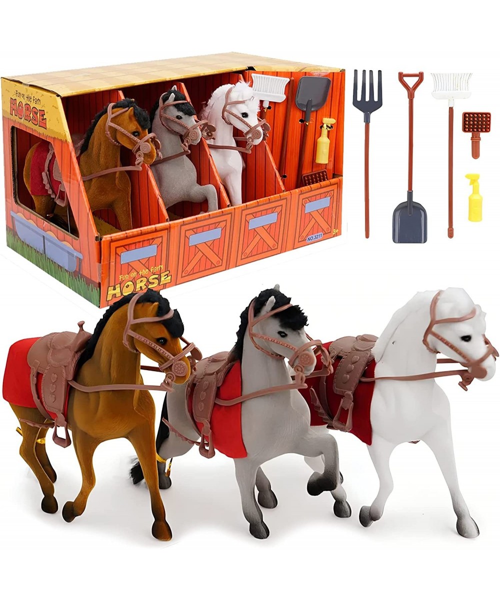 3 Flocked Horse Figures Equestrian Stable Barn Kids Toy Pretend Playset with Take-Along Storage Box Farm Tools and Accessorie...