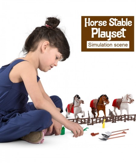 3 Flocked Horse Figures Equestrian Stable Barn Kids Toy Pretend Playset with Take-Along Storage Box Farm Tools and Accessorie...