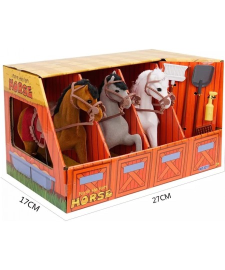 3 Flocked Horse Figures Equestrian Stable Barn Kids Toy Pretend Playset with Take-Along Storage Box Farm Tools and Accessorie...