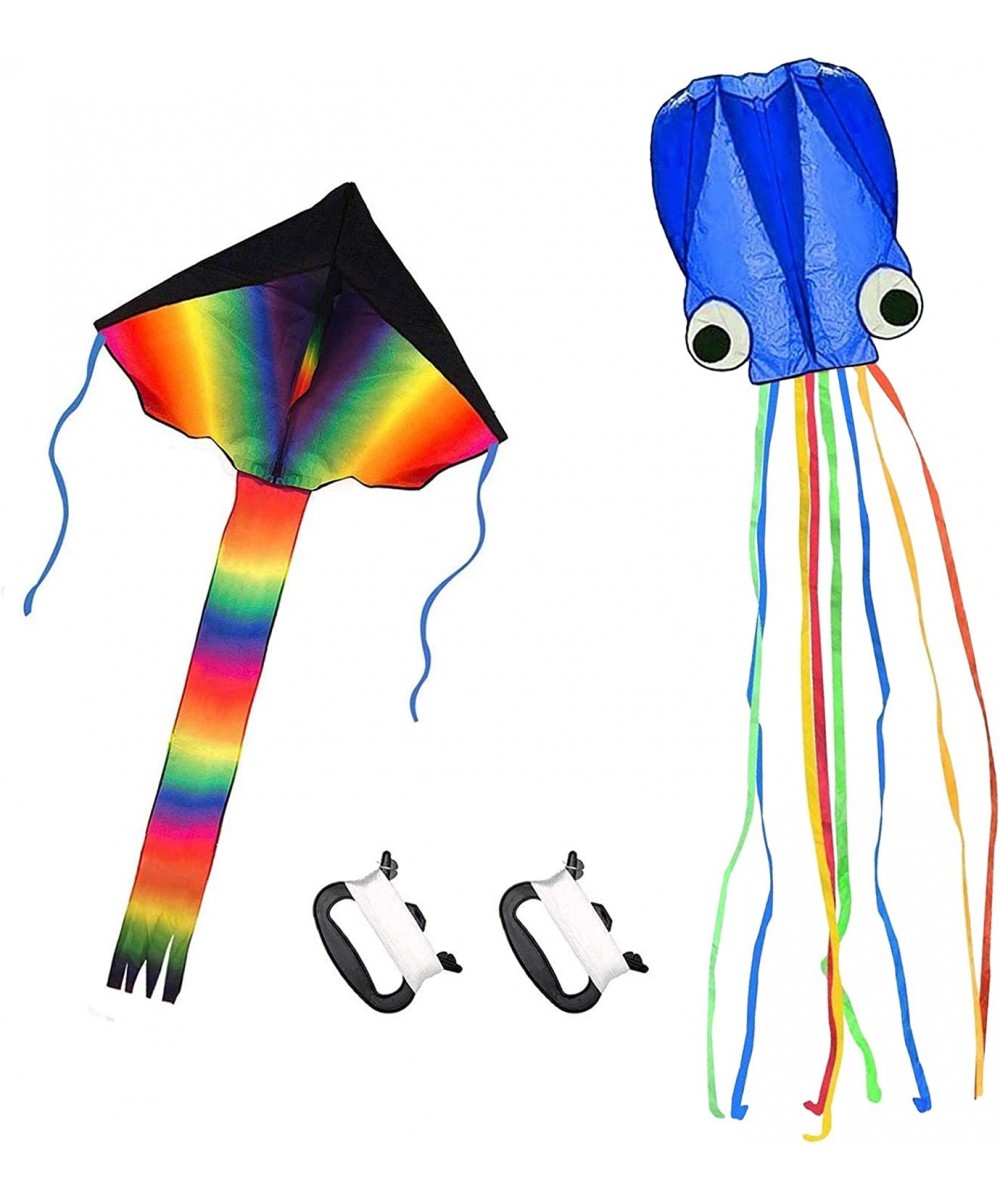 Pack of 2 Kites Large Rainbow Delta Kite and Blue Mollusc Octopus with Long Colorful Tail Kites for Kids and Adults Easy to F...