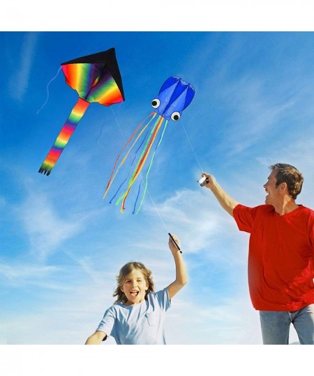 Pack of 2 Kites Large Rainbow Delta Kite and Blue Mollusc Octopus with Long Colorful Tail Kites for Kids and Adults Easy to F...