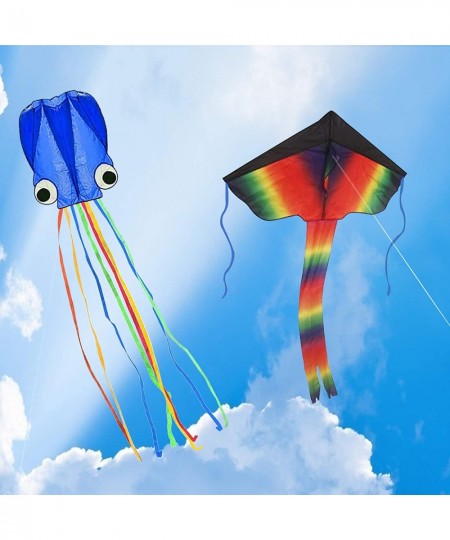 Pack of 2 Kites Large Rainbow Delta Kite and Blue Mollusc Octopus with Long Colorful Tail Kites for Kids and Adults Easy to F...