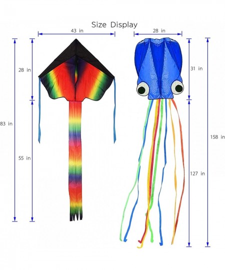 Pack of 2 Kites Large Rainbow Delta Kite and Blue Mollusc Octopus with Long Colorful Tail Kites for Kids and Adults Easy to F...