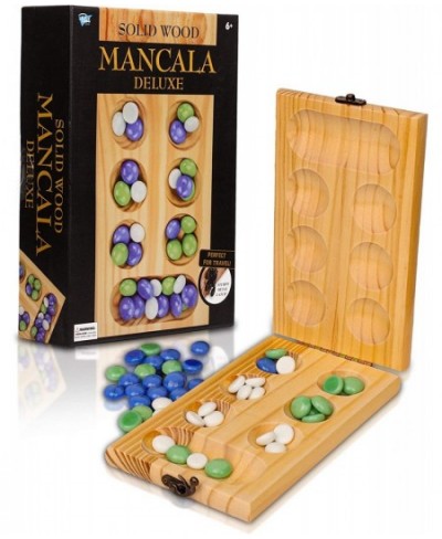 Solid Wood Deluxe Mancala - Folding Board Game w Metal Latch and Glass Marbles- Portable Strategy Travel Game - Recommended A...