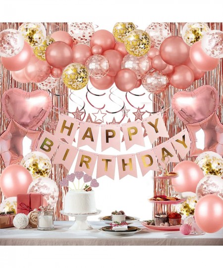 Rose Gold Birthday Party Decorations Happy Birthday Banner Rose Gold Fringe Curtain Heart Star Foil Confetti Balloons Hanging...