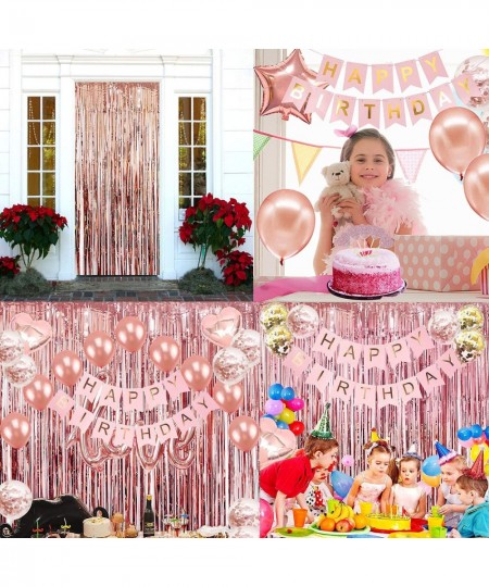 Rose Gold Birthday Party Decorations Happy Birthday Banner Rose Gold Fringe Curtain Heart Star Foil Confetti Balloons Hanging...