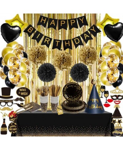 Birthday Party Supplies Set Black Gold Birthday Party Decorations Disposable Paper Plates Napkins Cups Knives Spoons Forks Ta...