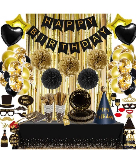 Birthday Party Supplies Set Black Gold Birthday Party Decorations Disposable Paper Plates Napkins Cups Knives Spoons Forks Ta...