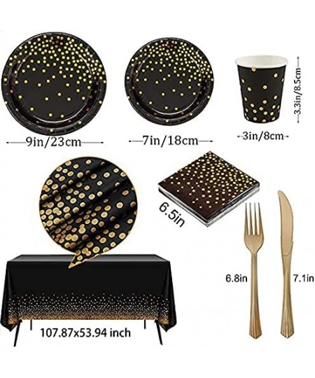 Birthday Party Supplies Set Black Gold Birthday Party Decorations Disposable Paper Plates Napkins Cups Knives Spoons Forks Ta...