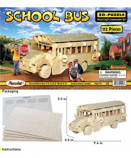 3D Puzzle School Bus Wood Craft Construction Model Kit Fun Unique & Educational DIY Wooden Toy Assemble Model Unfinished Craf...