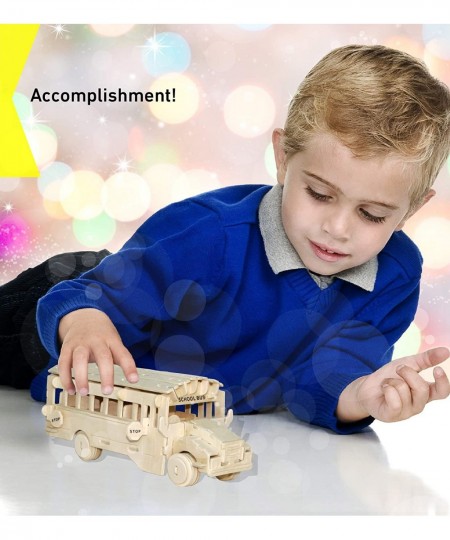 3D Puzzle School Bus Wood Craft Construction Model Kit Fun Unique & Educational DIY Wooden Toy Assemble Model Unfinished Craf...